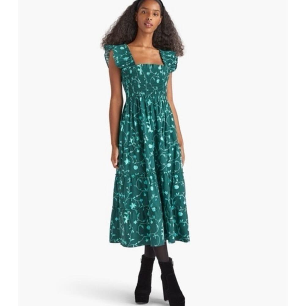 Hill House The Ellie Nap Midi Dress Nap Dress Green Botanical Floral XS New